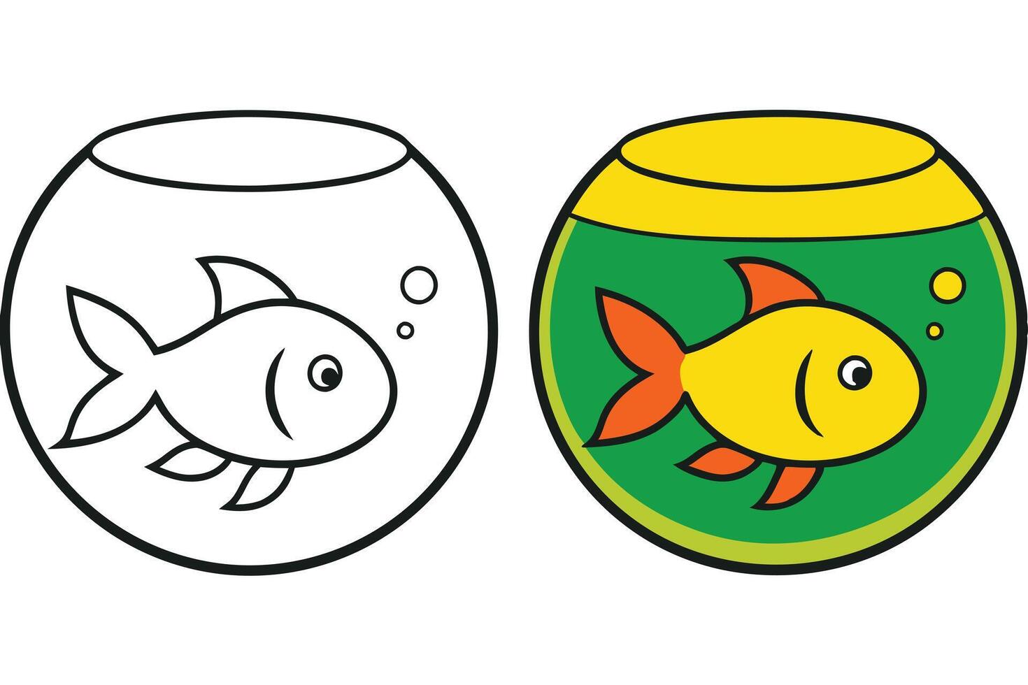 Goldfish in a Bowl Coloring Page, Aquatic Pet, Cartoon Fish vector