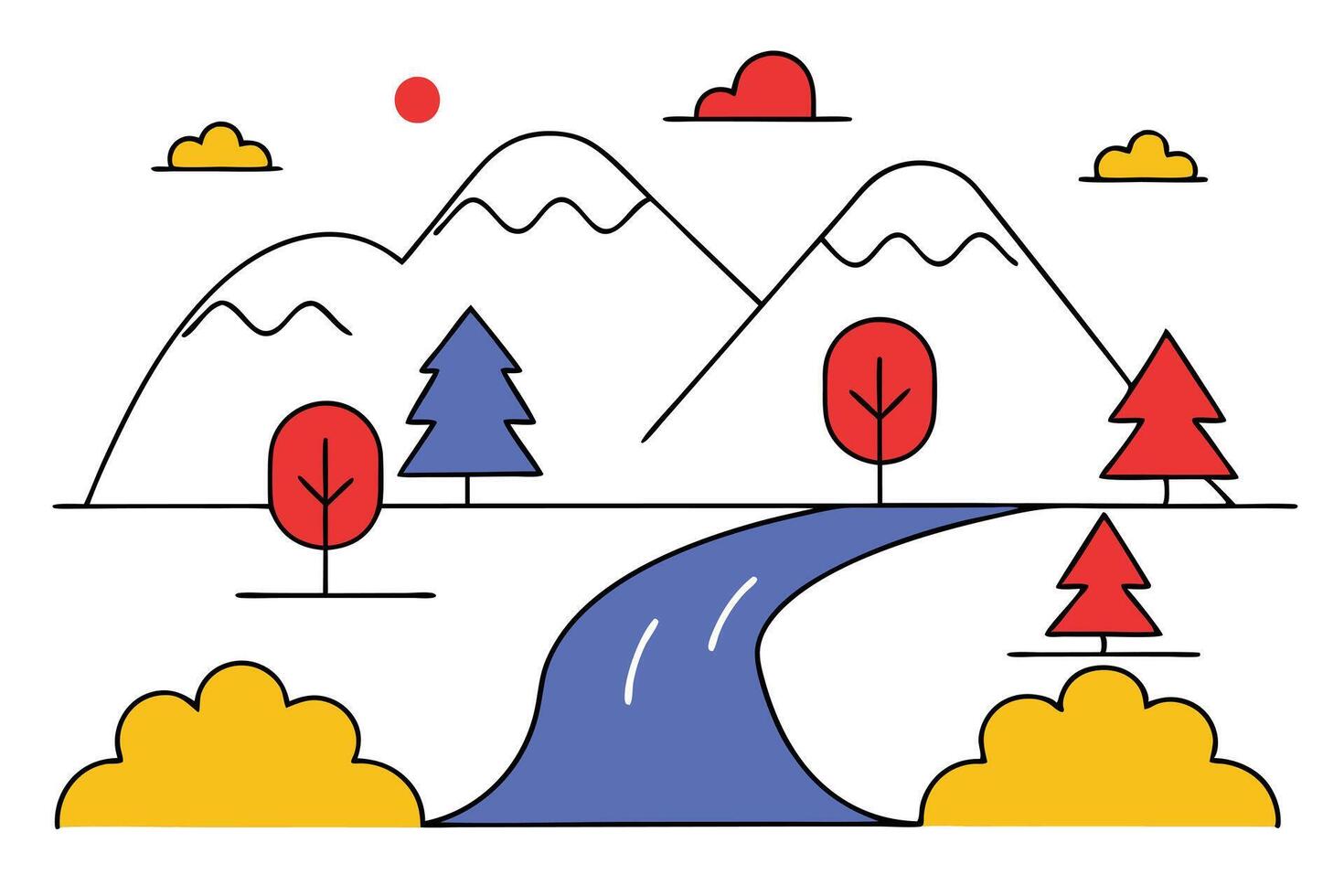 Simple Line Art Scenic River Landscape Mountains Trees Clouds vector