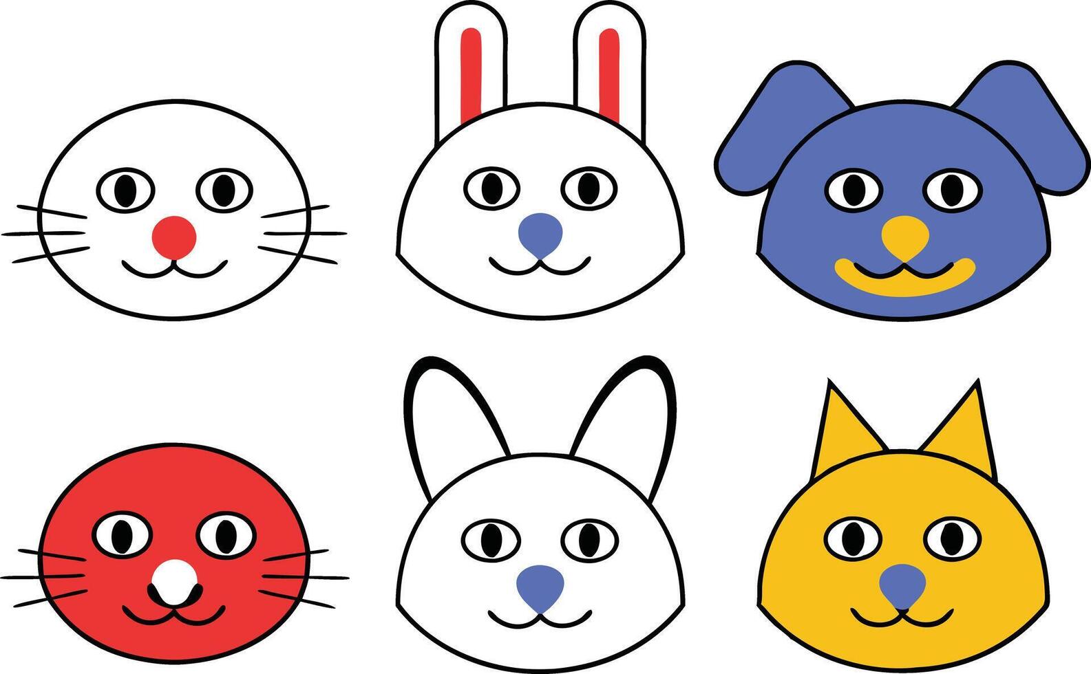 Adorable Cartoon Animal Faces Cat, Rabbit, Dog, and More vector