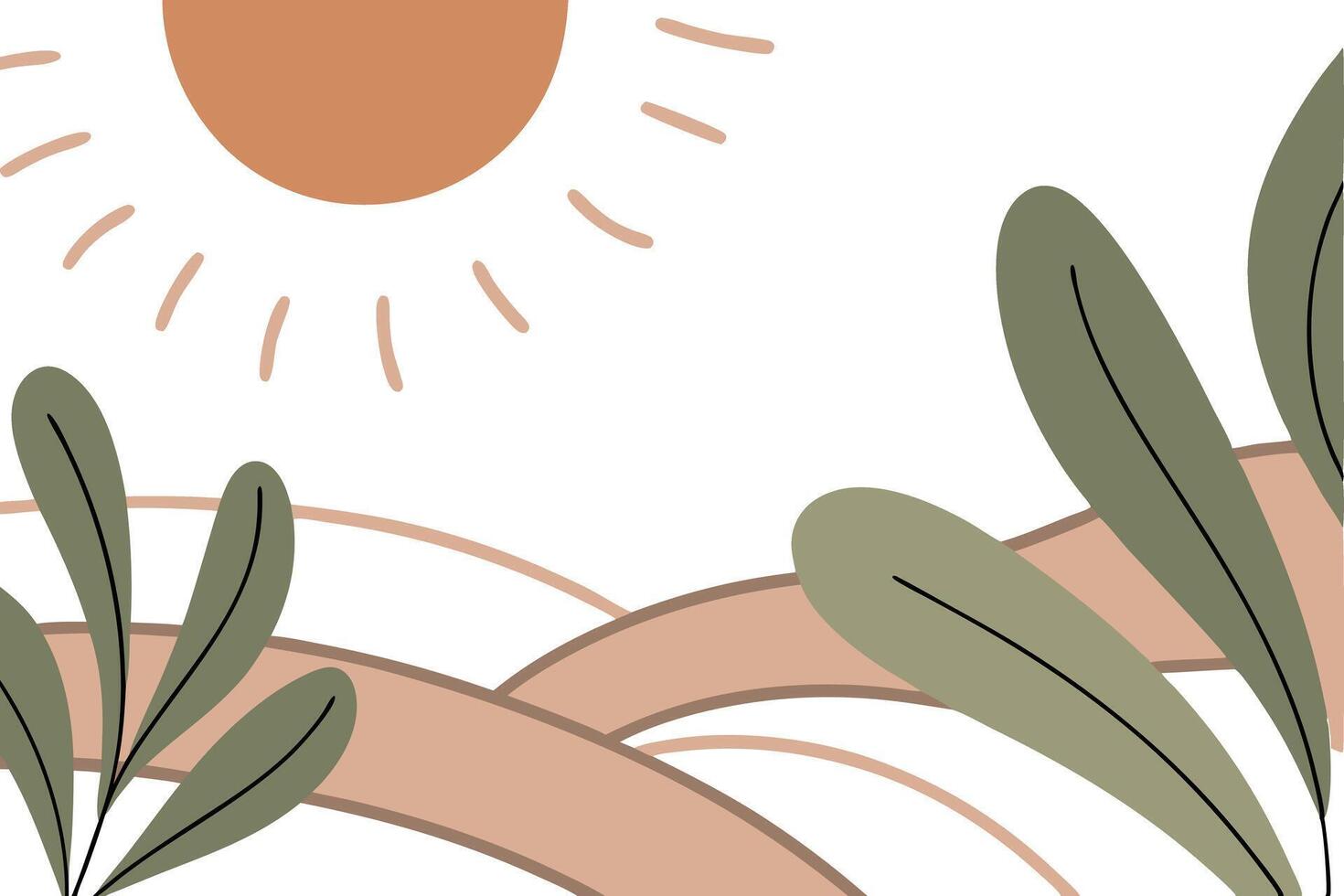 Abstract Sun, Hills, Leaves Minimalist Nature Art Print Design vector
