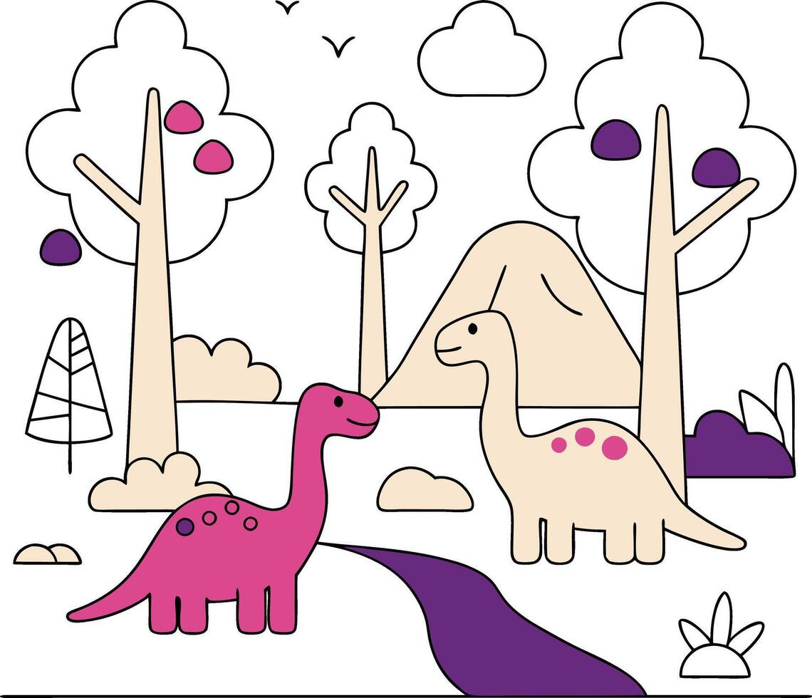 Cute Dinosaurs in Prehistoric Landscape Cartoon Trees, Hill, River vector