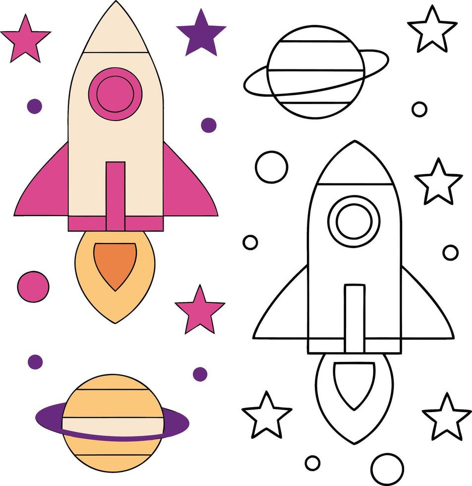 Space Rocket Coloring Page Planets, Stars, Galaxy Fun vector
