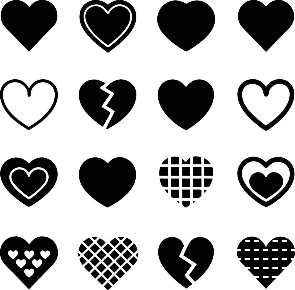 Collection of Black and White Heart Icons Love, Broken, Patterned vector