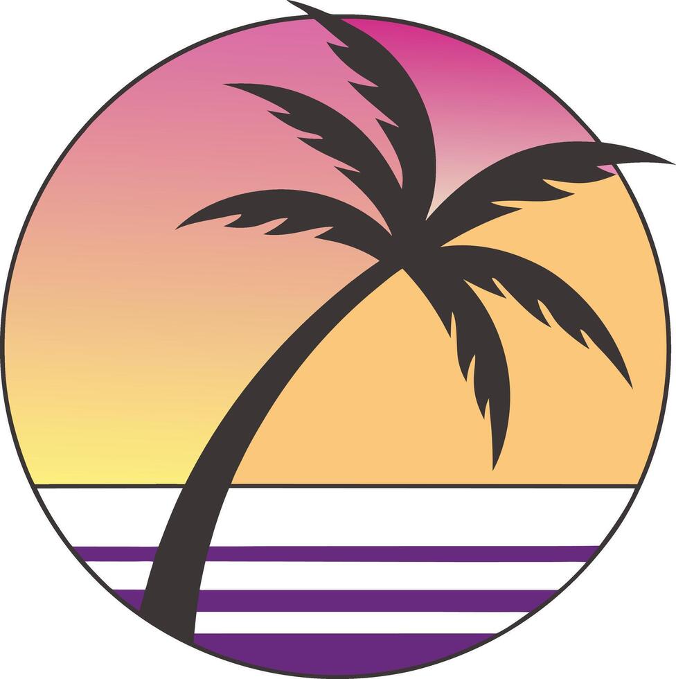 Retro Sunset Palm Tree Beach Ocean Summer Vacation Graphic vector
