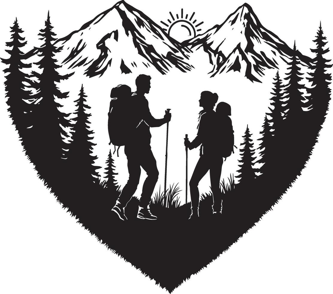 Heartfelt silhouette artwork featuring a couple trekking in majestic mountains, surrounded by serene forests. Celebrate love, adventure, and nature with this timeless design. vector