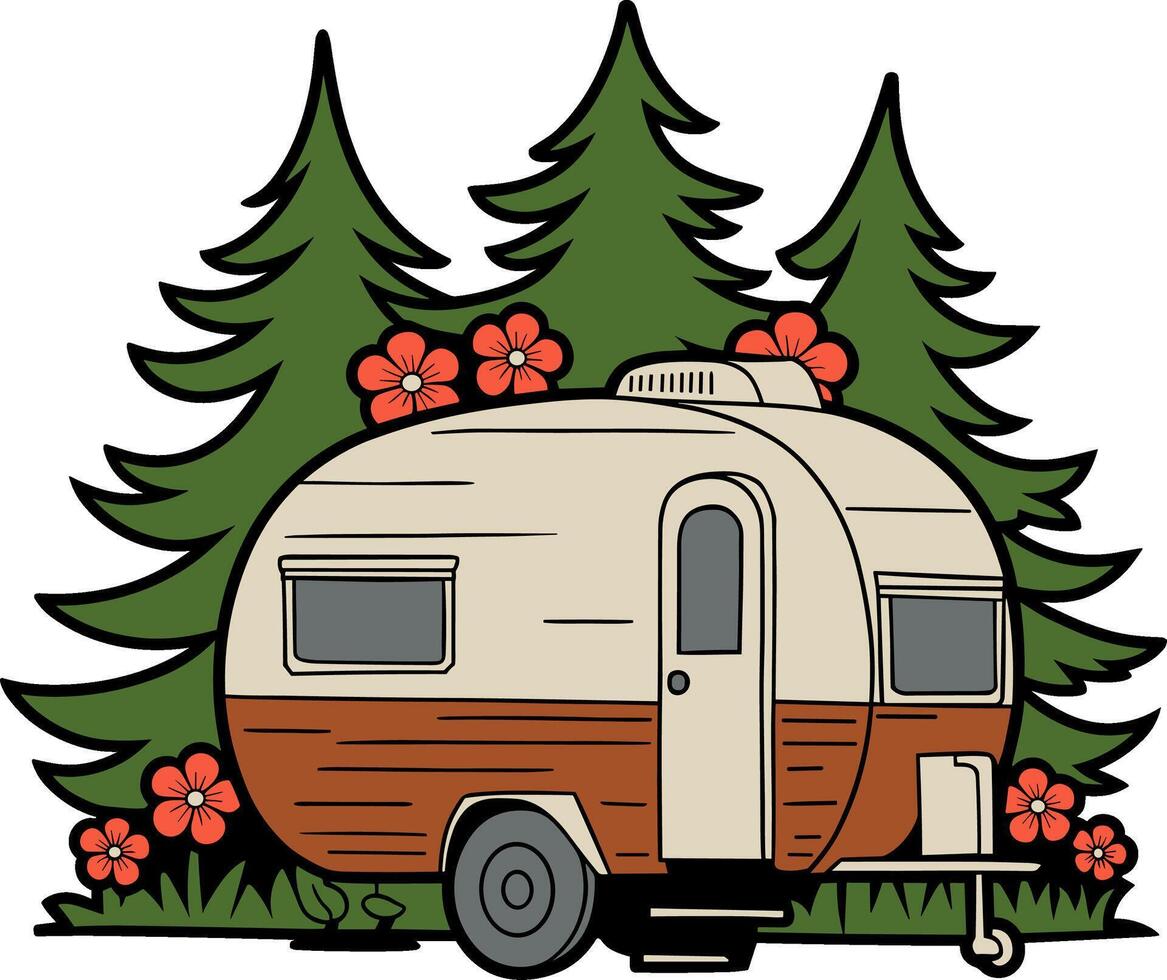 Retro Camper in Forest Scene vector