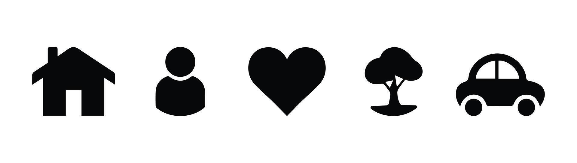 Solid icon set. Heart, tree, car, people, home icons illustration. Isolated on white background vector