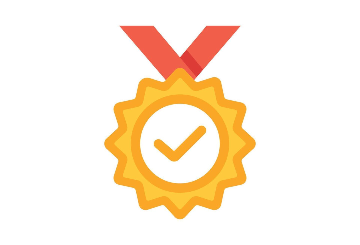 Gold badge medal with ribbon icon. Approval check symbol. Winning award, prize, medal champion vector
