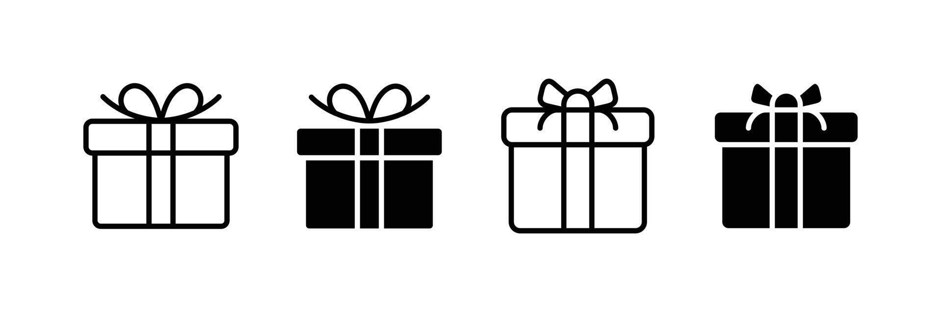 Gift box with ribbon icons Set. flat line silhouette, surprising gift box, Gift wrapping simple black style symbol sign for apps and website, illustration. vector