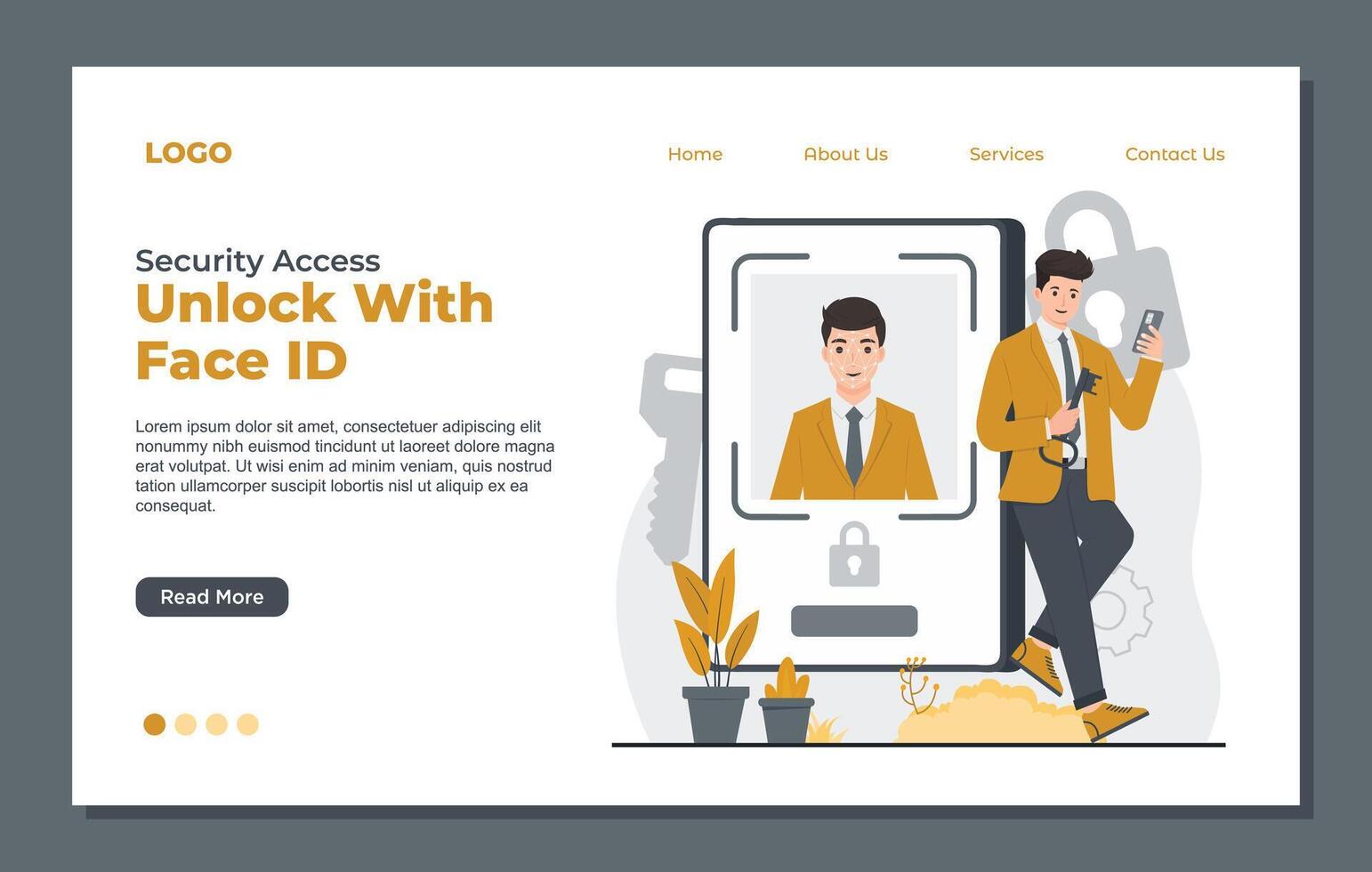 Landing page template secure access facial recognition technology security face id unlock phone vector