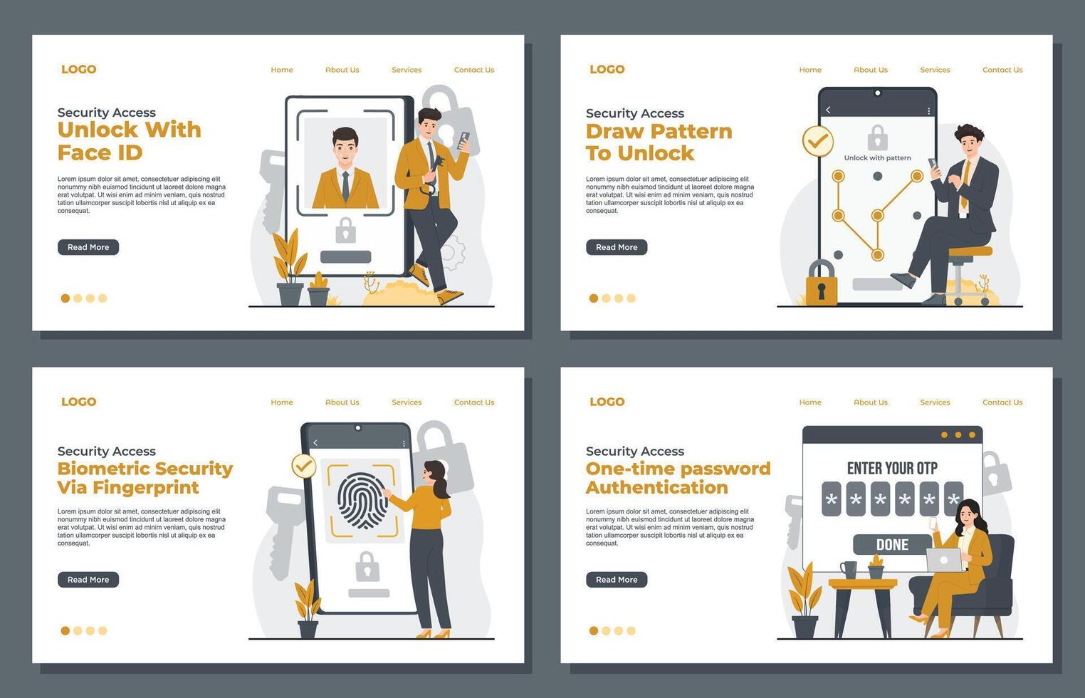 Landing page template highlighting security access methods, including pattern unlock, fingerprint, face ID, and OTP login for enhanced security and convenience vector