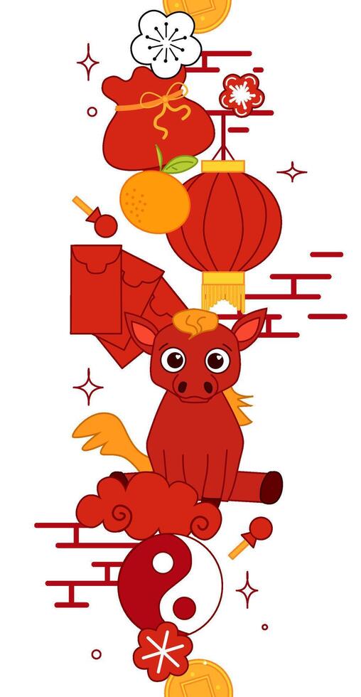 Chinese New Year of horse seamless vertical border. graphic line illustration in red and gold colors,design with frame and ornament, year of the horse. vector