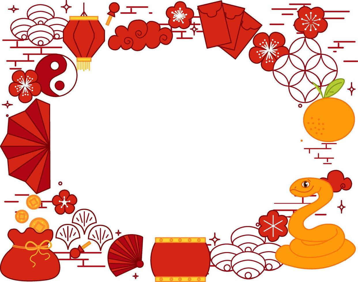 Chinese New Year or Lantern Festival of snake greeting card template oval frame with lanterns and plum elements. graphic line illustration vector