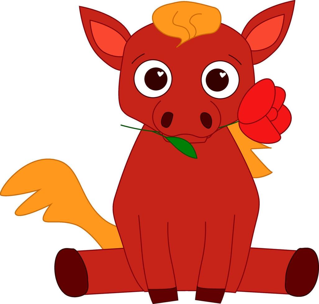 illustration graphic line horse cute character with rose in teeth on transparent background. Poster, emblem composition, hand drawn style print. vector