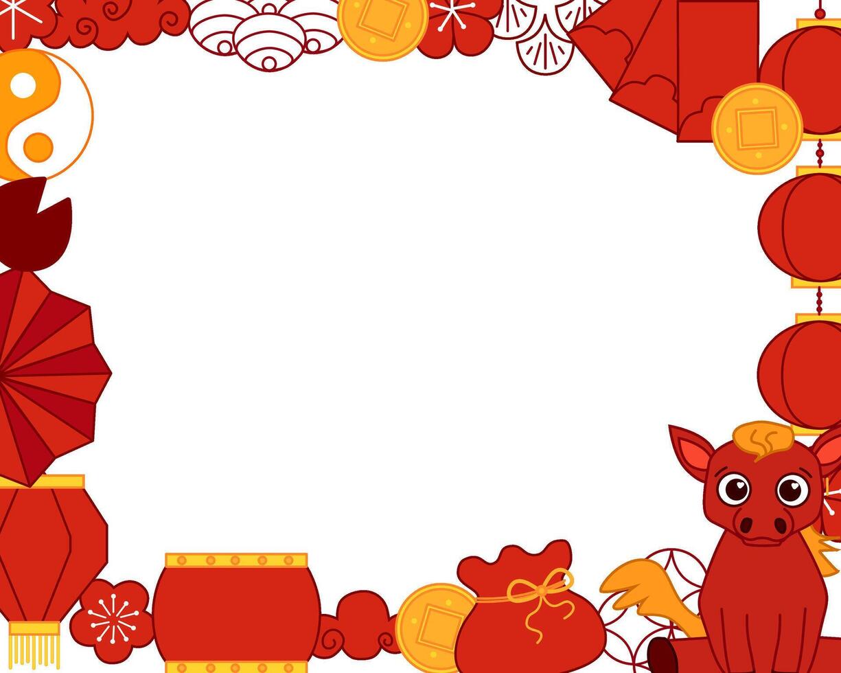 Chinese New Year 2026 modern art design in red, gold and white colors for cover, card, poster, banner with trendy geometric pattern. New year of horse, rectangle frame vector