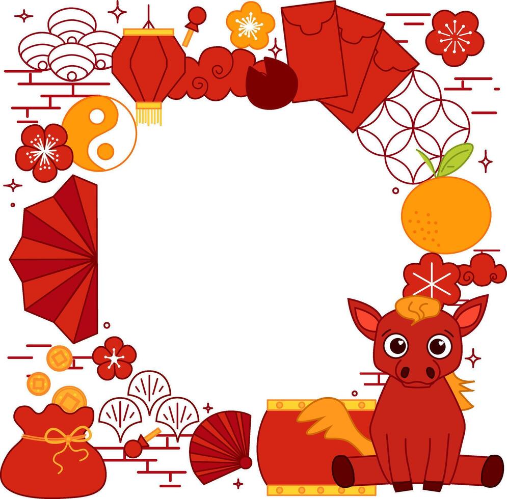 Happy Chinese new year of horse circle round frame. graphic line Chinese new year banner with circle for show product. Greeting card. China frame with lantern on red background. vector