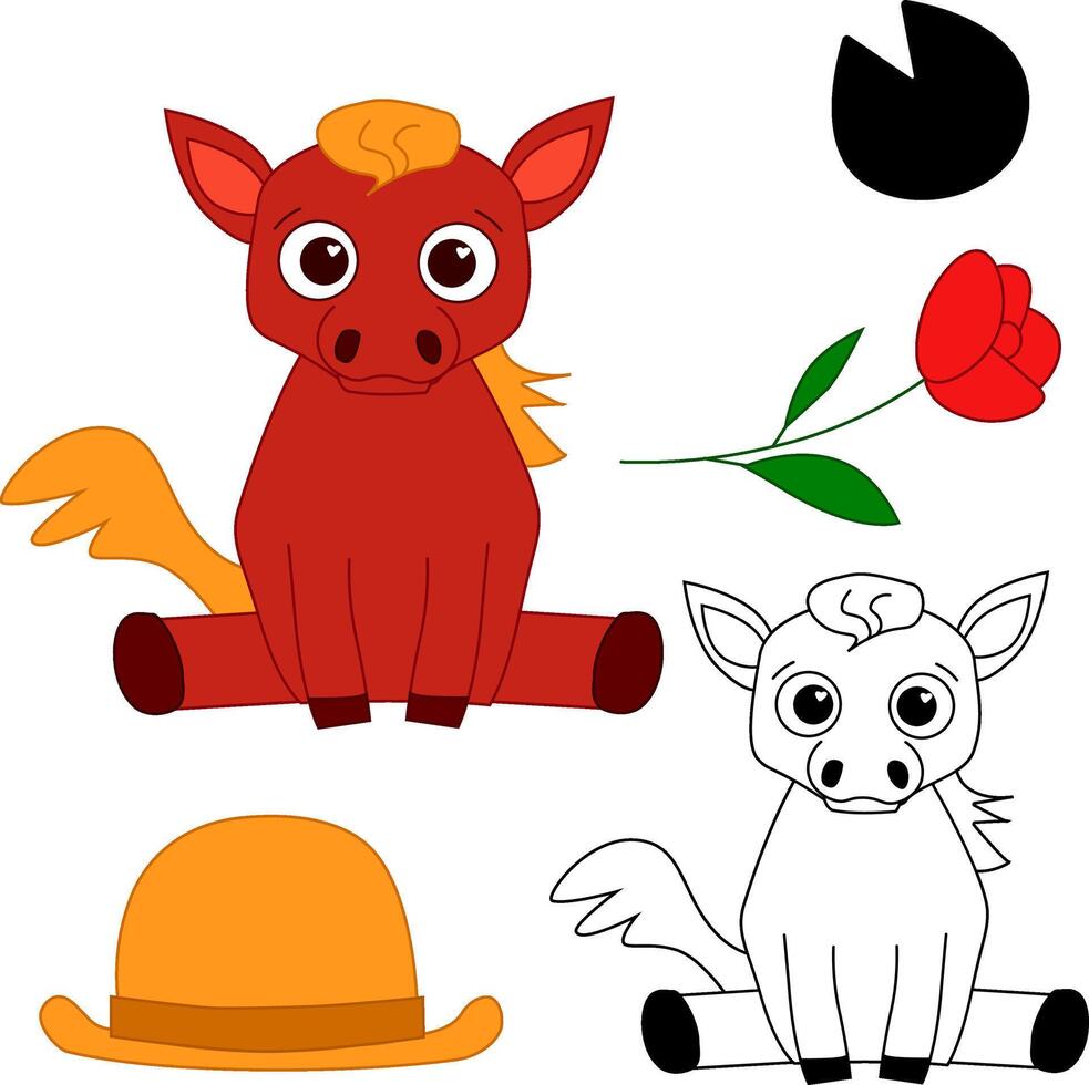 Cute red horse character, graphic line illustration. Set with accessories hat and flower, footstep vector