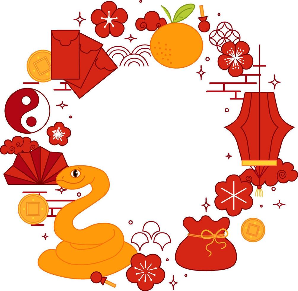 Chinese New year of snake graphic line round circle frame. style banner frame scroll board decoration vector