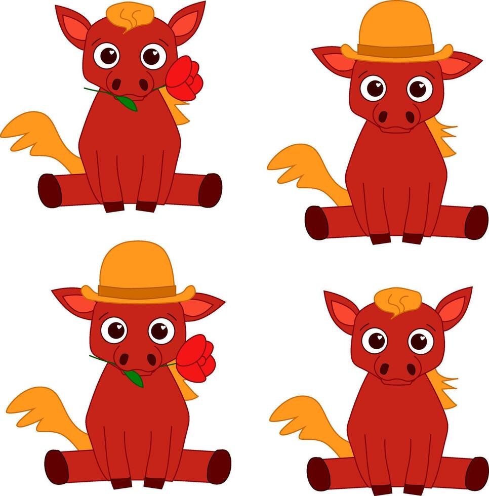 Cute horse composition set on a transparent background. graphic line illustration with horse in cartoon style. vector