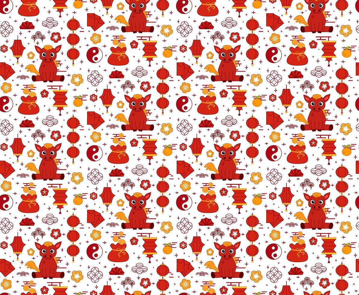 Chinese New Year of horse seamless pattern. graphic line background with horse, red lanterns, orange, red envelopes on transparent background vector