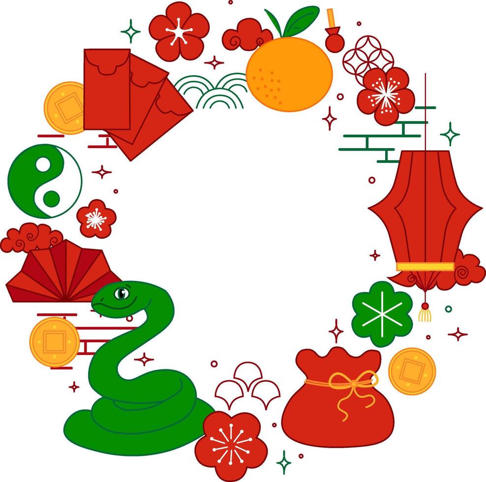 Chinese New year of green snake graphic line round circle frame. Transparent background vector