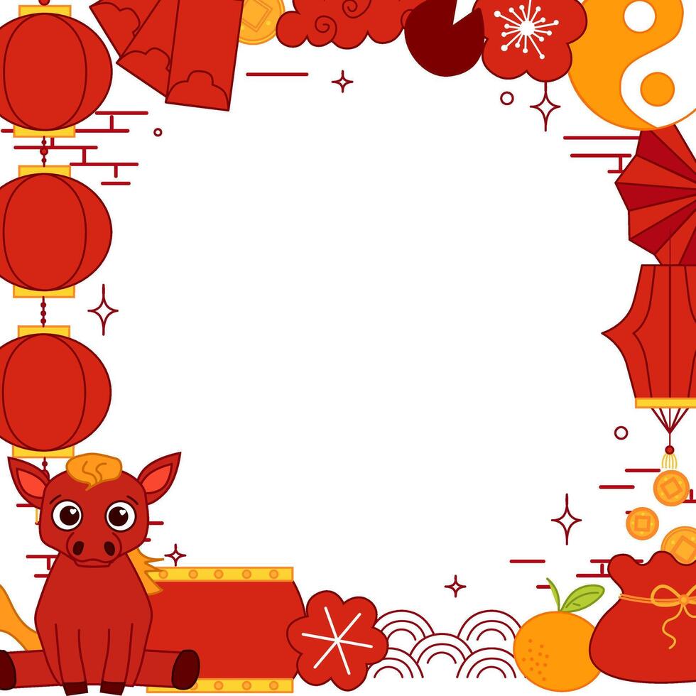 Happy Chinese new year of horse. Square frame with red lanterns, orang, chinese elements and horse. Greeting card. China frame with lantern on transparent background. vector