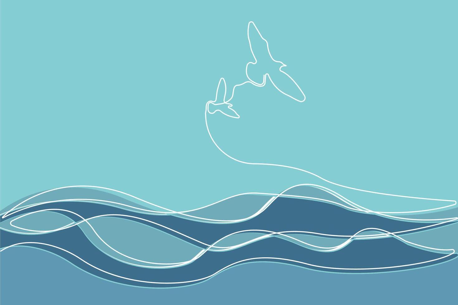 Ocean waves with birds one line drawing. Minimalist ocean view concept background. vector