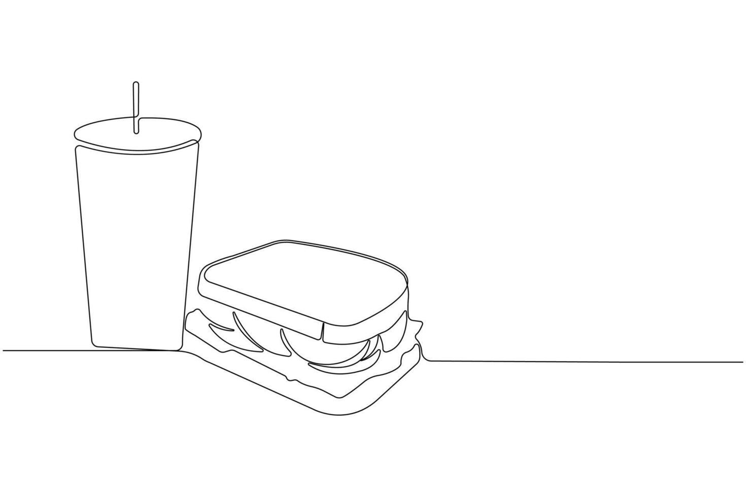 Drink and sandwich continuous one-line art drawing. Fast food concept line background vector