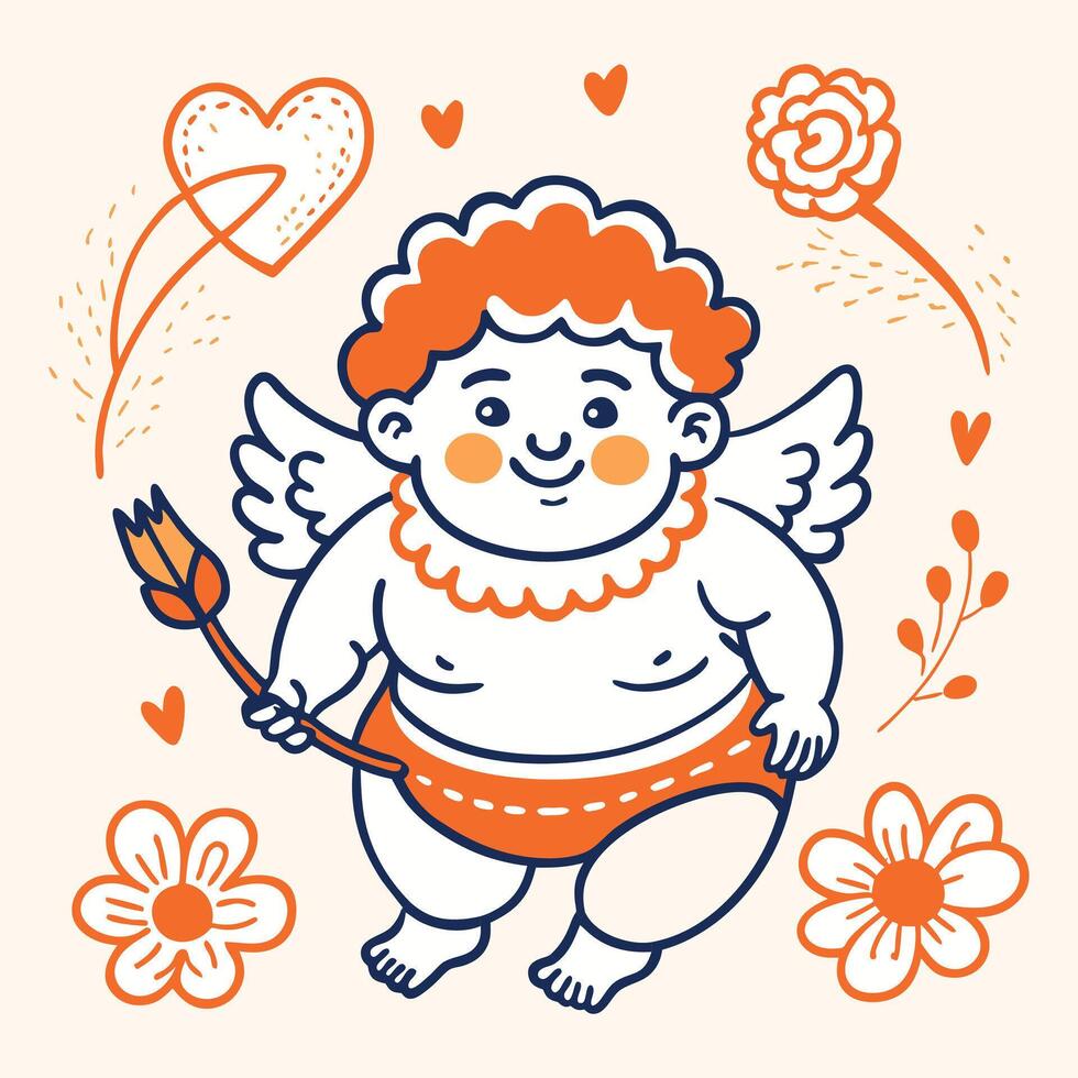 Smiling Cupid with bow and heart-shaped arrow. Hand-drawn Valentine's Day design with floral elements for cards and posters vector