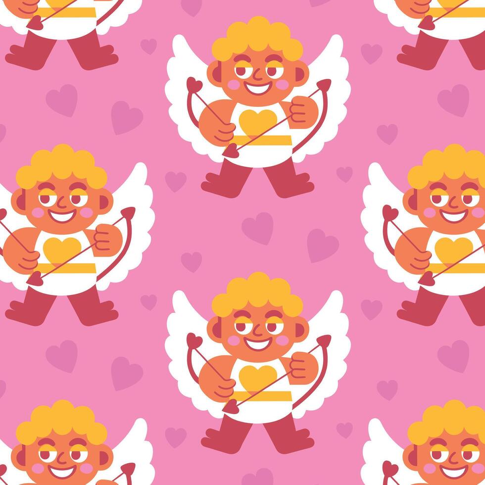 Pattern of Cupids with bows and hearts on a pink background. Valentine's Day cartoon design for cards, banners, and posters vector