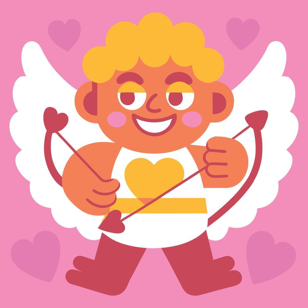 Smiling Cupid holding a heart-shaped bow. Cartoon illustration with wings and golden hair on pink background for Valentine's Day card or sticker vector