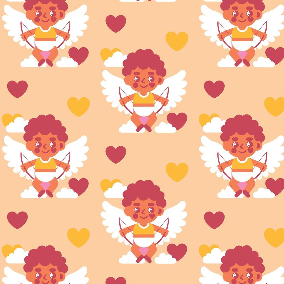 Pattern of Cupids with bows, hearts, and clouds on a pink background. Valentine's Day cartoon design for cards, banners, and wallpaper vector
