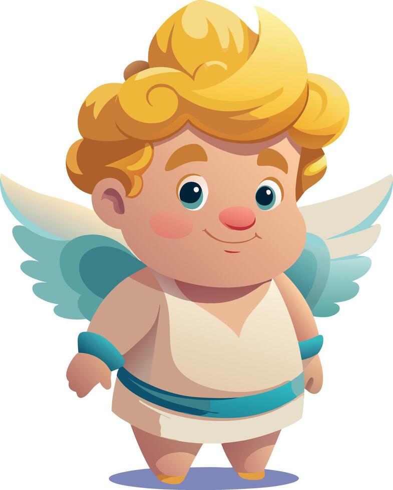 Cartoon cherub with golden hair, blue wings, and a white tunic, smiling sweetly. Hand-drawn illustration for love, romance, and festive designs vector