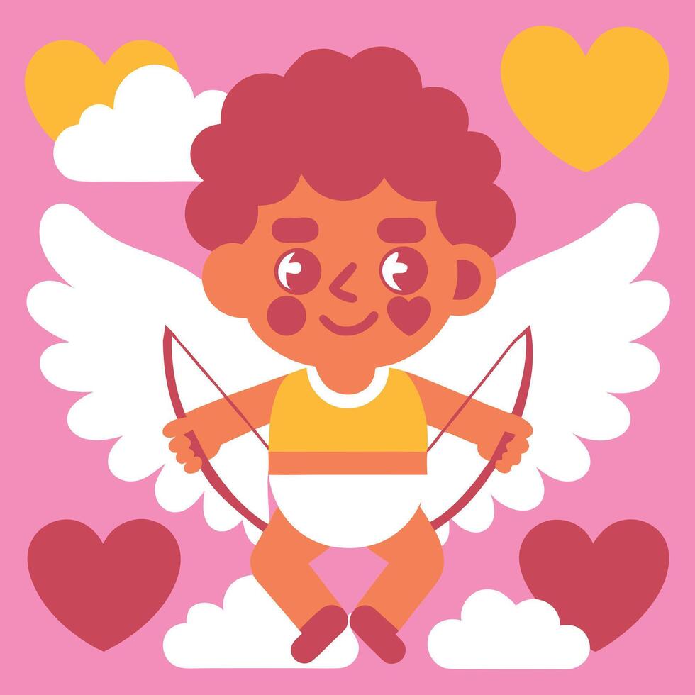 Smiling Cupid with wings and heart-shaped bow in the clouds. Cartoon illustration on a pink background for Valentine's Day greeting card or banner vector