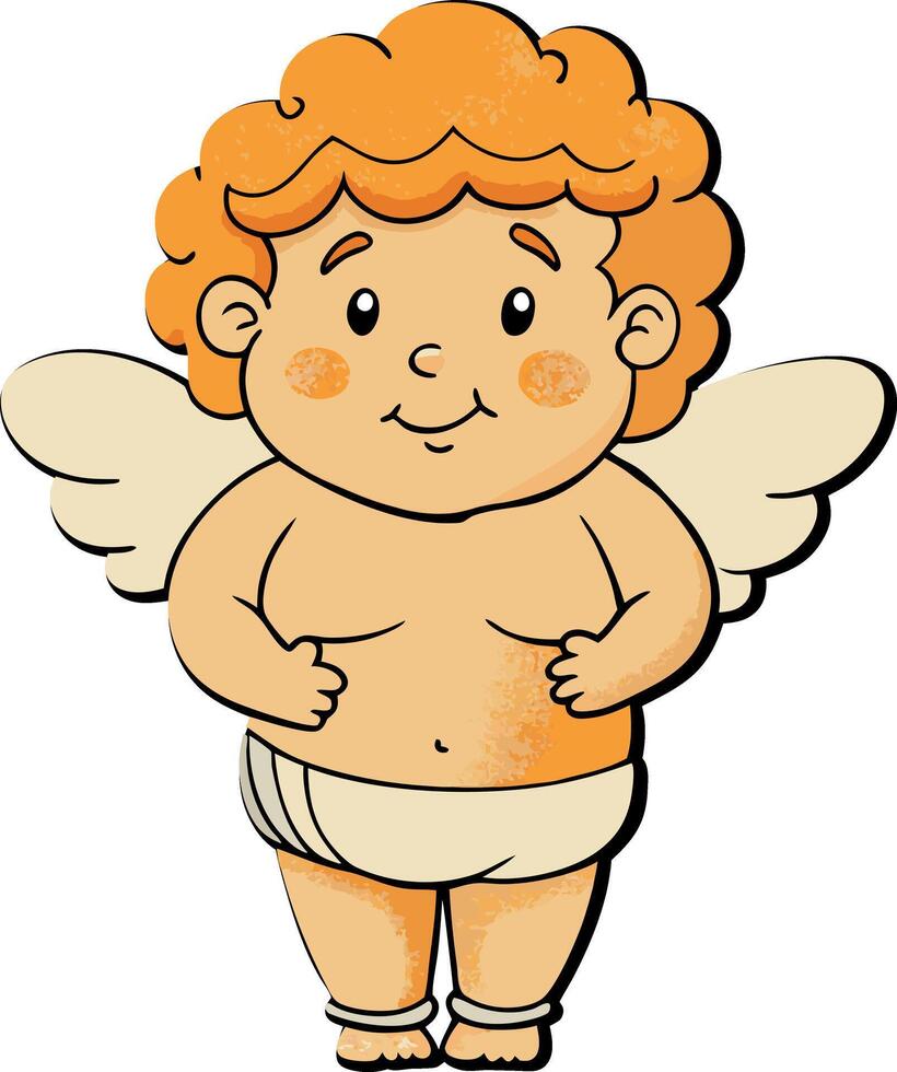 Cartoon cherub with orange curly hair and wings, wearing a simple cloth. Cute hand-drawn illustration isolated on white background. Valentine or love concept vector