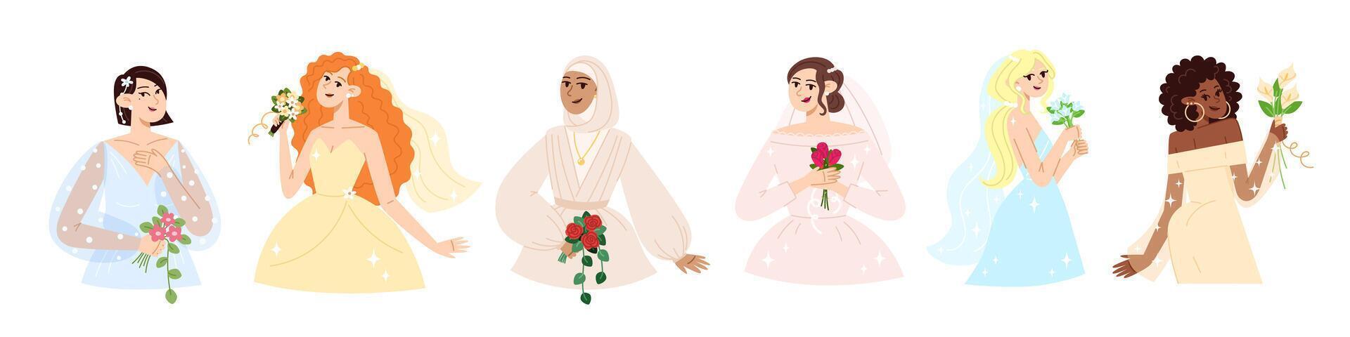 Set of beautiful brides in fashionable wedding dresses with bouquet of flowers in flat style vector