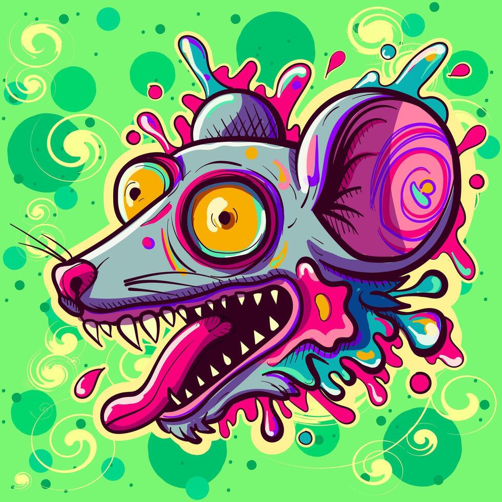 Anthropomorphic trippy rat head screaming. Psychedelic acid art of a stoned mouse with sharp teeth and pink liquid. vector