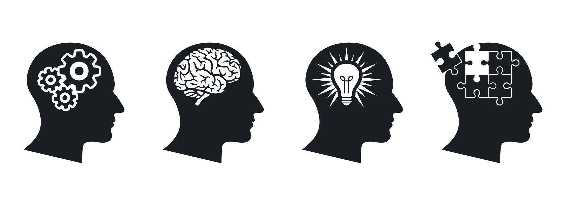 Set of Human Head Icons Creative Thinking, Intelligence, Brainstorming, Mental Work, and Business Solutions. Web Design and Infographic Elements vector