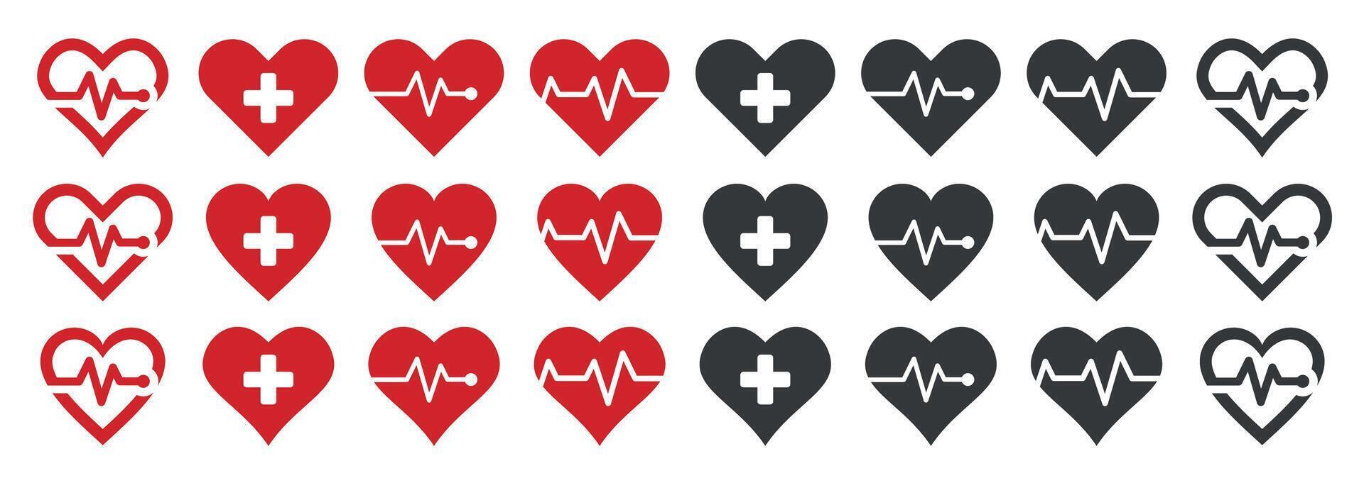 Heart Illustration Icons in Various Styles. Set of Heartbeat and Cardiogram Symbols in Linear Design vector