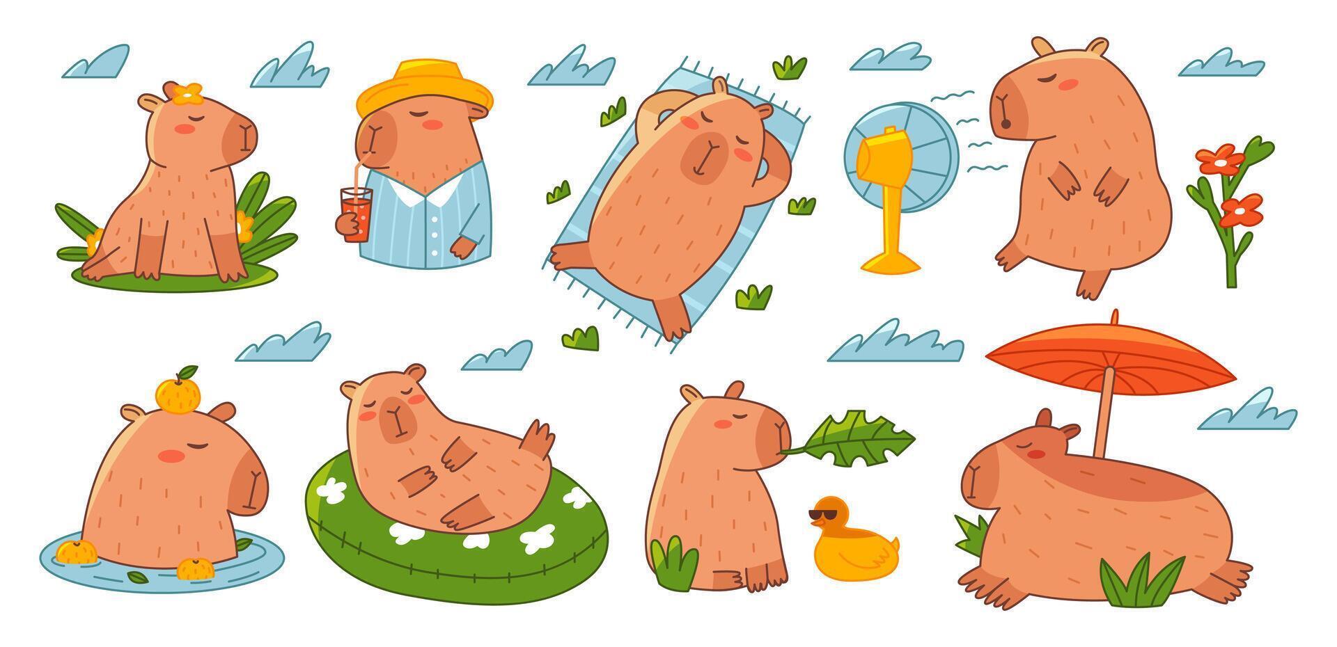 Funny capybaras set. Summer capybaras in different poses. Colorful sticker set with capybras. Flat illustration isolated on white background. vector