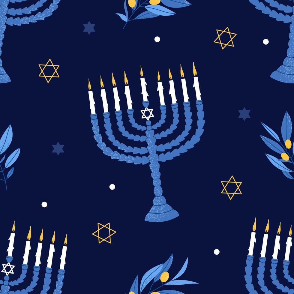 Happy Hanukkah seamless pattern. Blue Jewish holiday print with menorah and olive branches. Flat illustration. vector