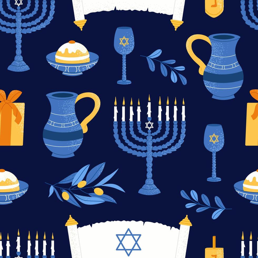 Decorative elements of Jewish holiday Hanukkah seamless pattern. Colorful jug, menorah, olive branch, donut and gift. flat illustration on blue background. vector