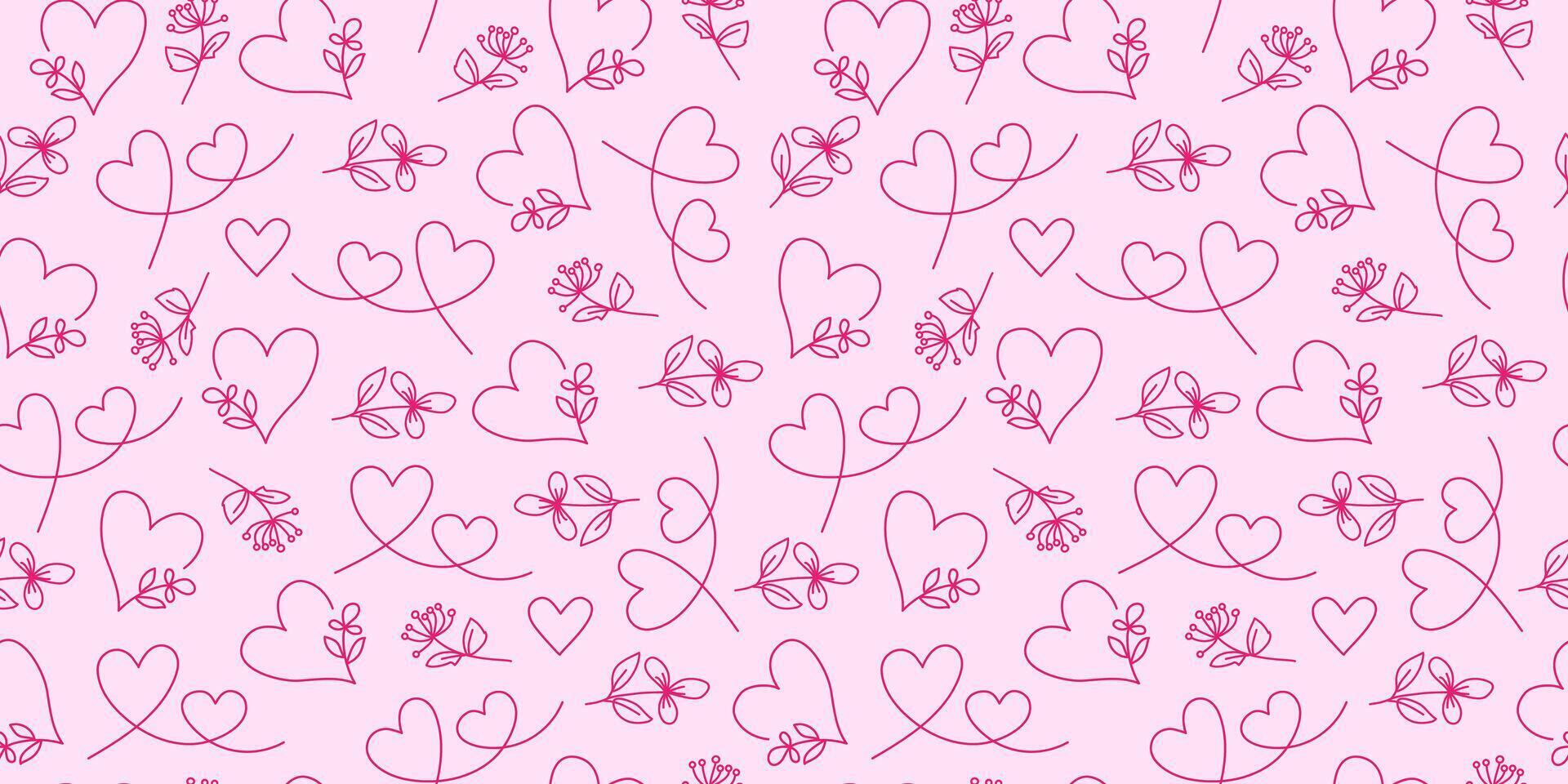 Abstract flowers and hearts pattern. Repeating background. Set of line drawings. Hand drawn icons, doodle. Seamless texture, Valentines Day. vector