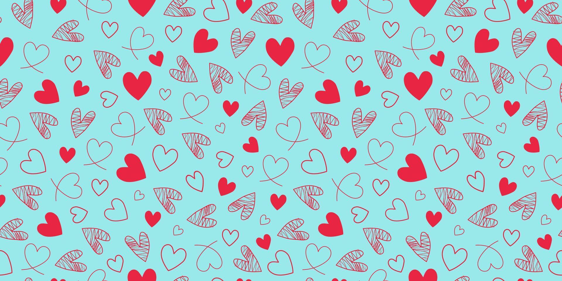 Set hearts, drawings. Repeating pattern. Hand drawn linear icons, doodle. Valentine's Day seamless background. vector