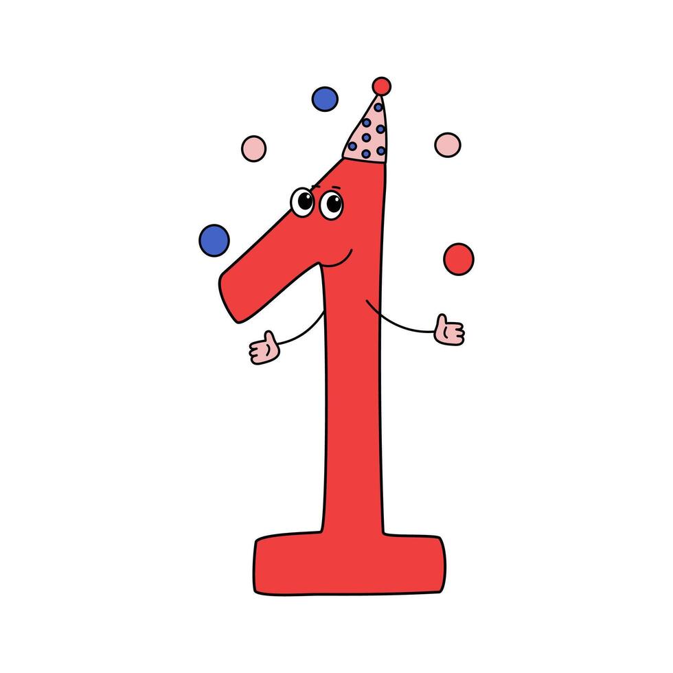 Bright figure with eyes, number 1 juggles balls. Drawing, doodle. Cartoon number with a cheerful face. Design of greeting children's card. Holiday, birthday, 1 year, white isolated background. vector
