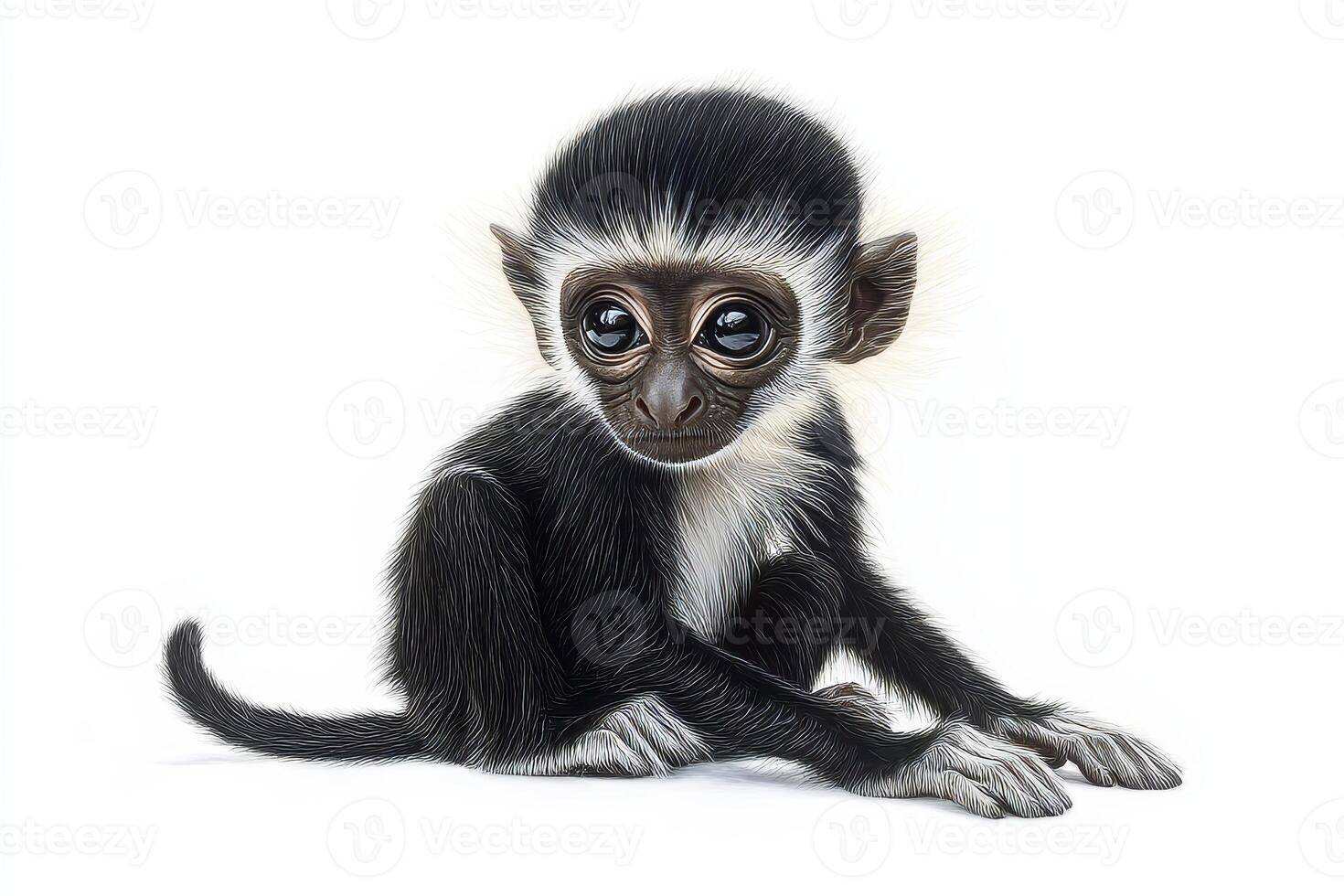 Adorable Baby Monkey with Big Eyes Sitting on White Background in Studio Portrait photo