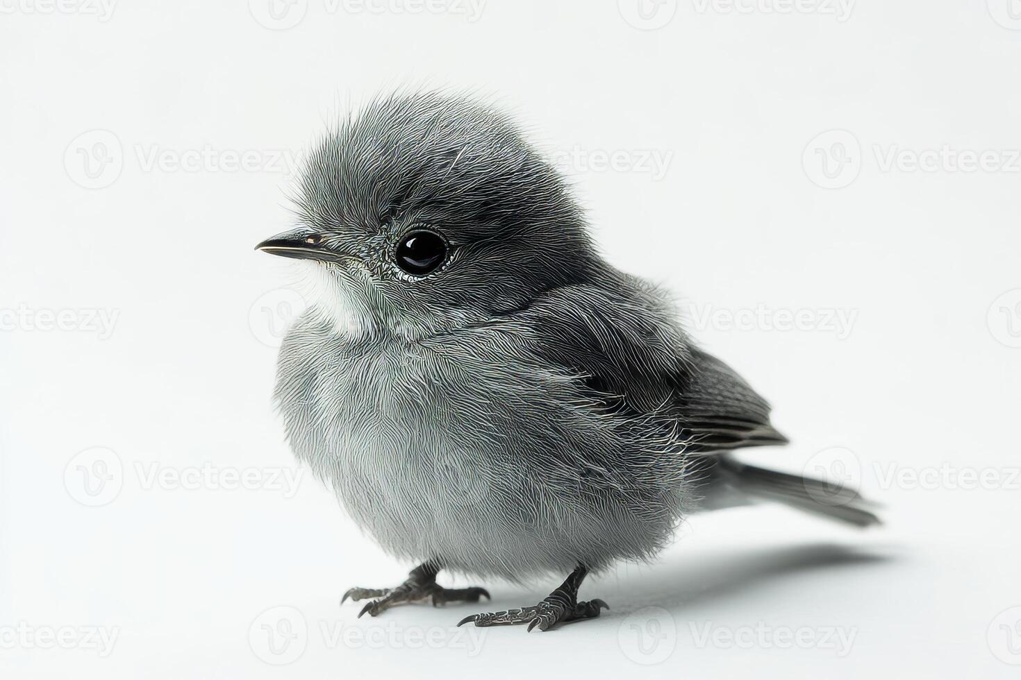 A small grey bird with a black beak is sitting on a white background photo