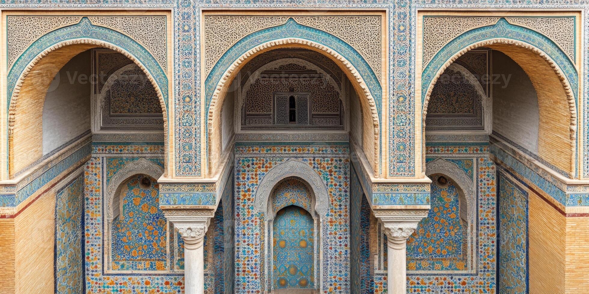 A mosque with arched windows and a blue archway photo