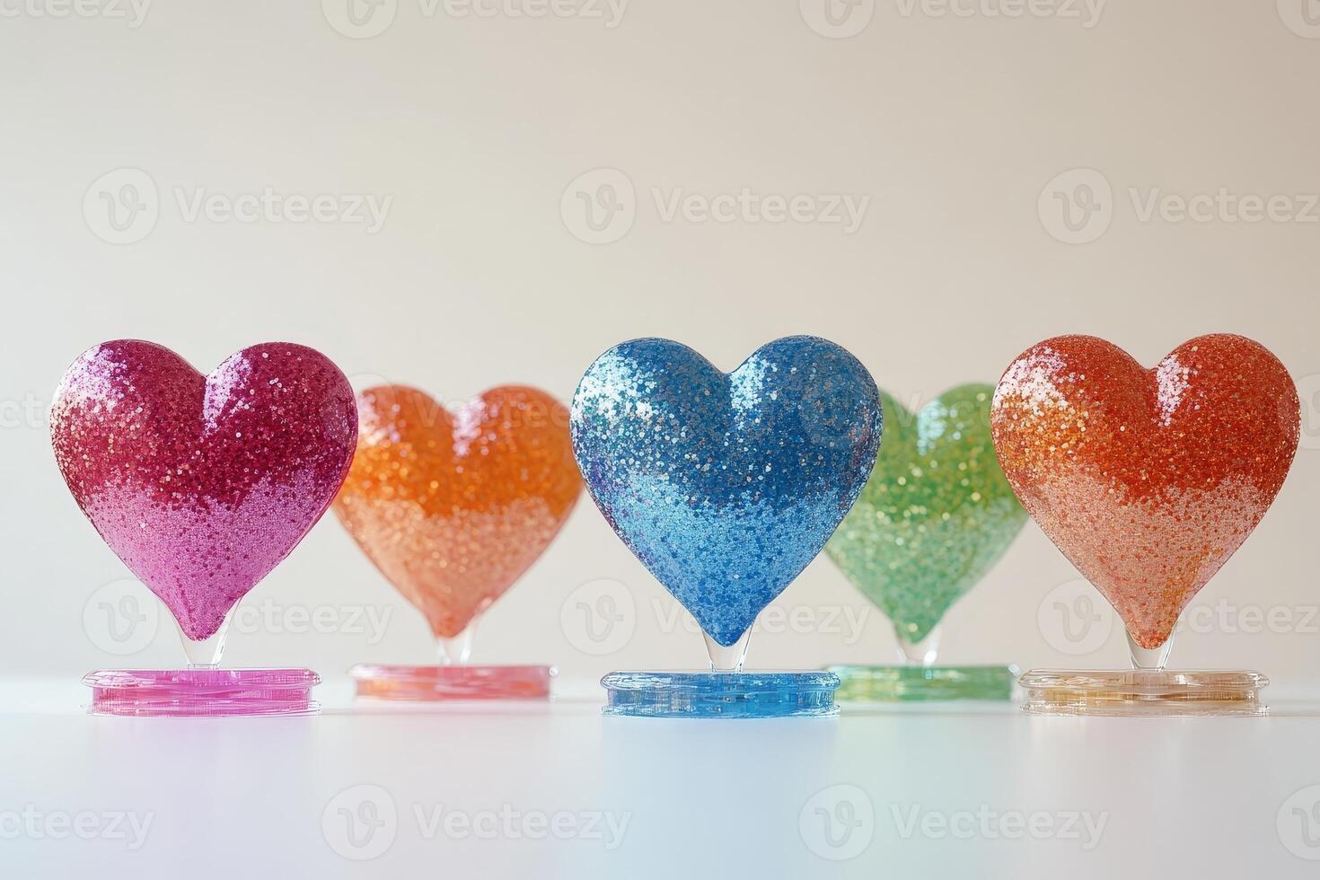 Colorful Glitter Heart Ornaments in a Row on White Background photo