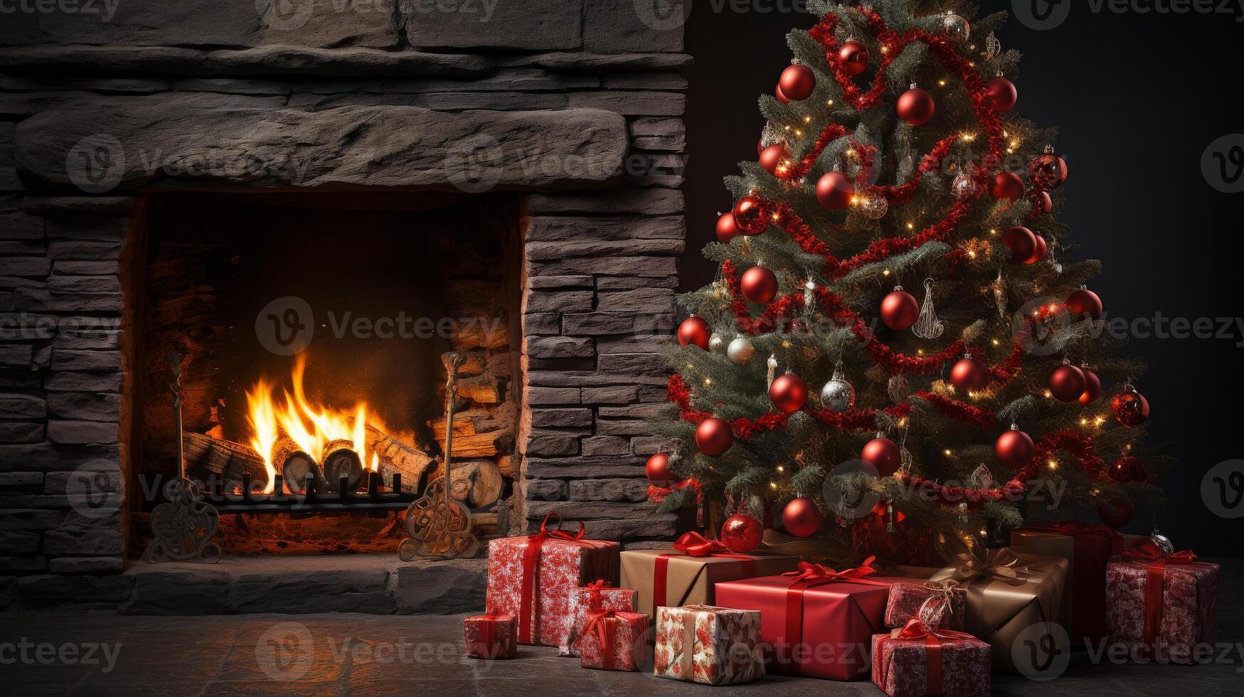 A cozy fireplace with a Christmas tree in front of it photo